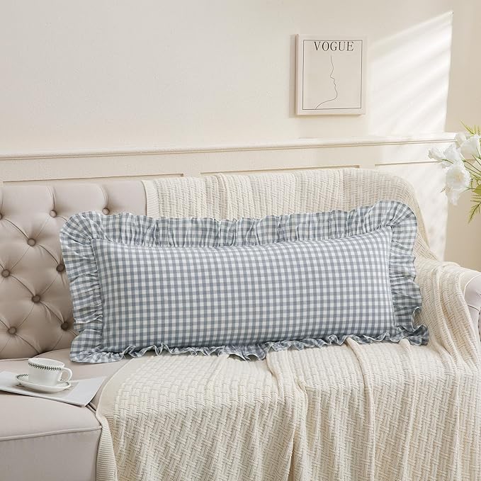 Light Blue/White Ruffled Long Lumbar Gingham Pillow Sham 14x36 inches 1 Piece - Image 5