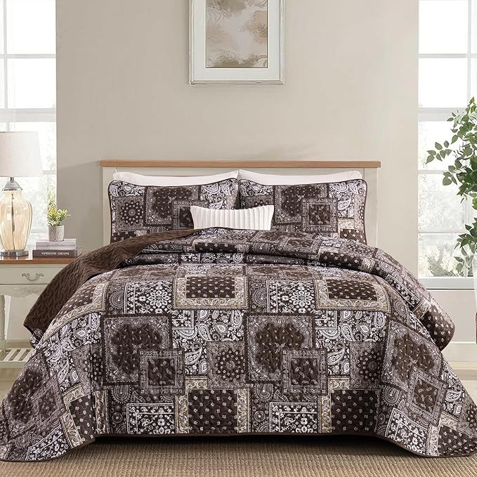 Cottolester Brown Patchwork Quilt Set King Size, 3 Pieces Boho Paisley Quilt Set by Cottolester