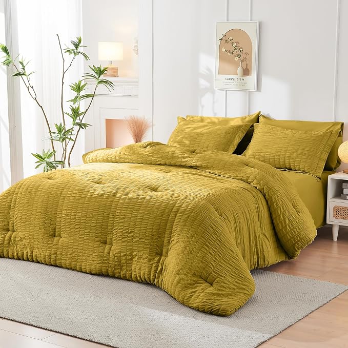 HYMOKEGE Mustard Yellow Full Size Comforter Sets Seersucker 7 Pieces, All - Image 8