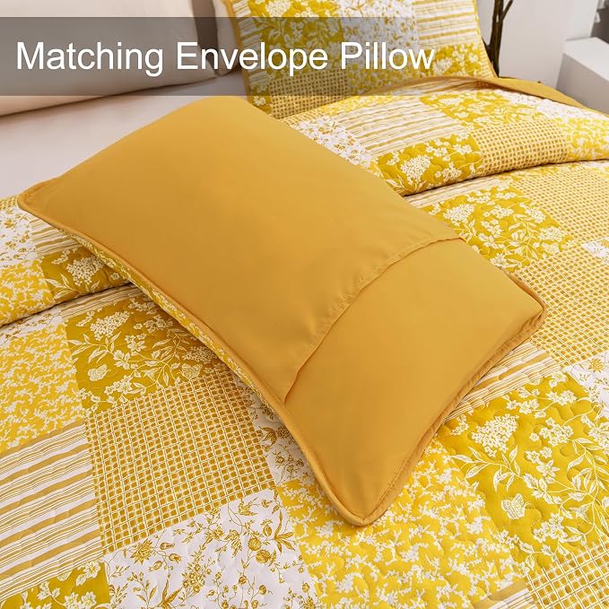 Mybedsoul Yellow Boho Quilt Set King Size, 3 Pieces Plaid Floral Bedspread - Image 6