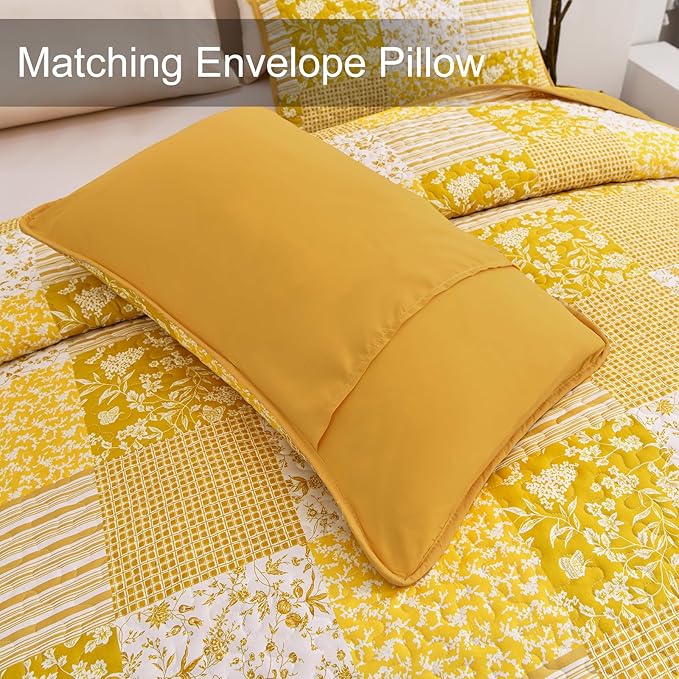 Mybedsoul Yellow Boho Quilt Set Queen Size, 3 Pieces Plaid Floral Bedspread - Image 6