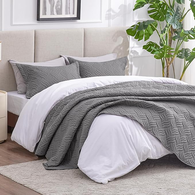 Love's cabin California King Size Quilt Bedding Set Grey Bedspread - Image 2