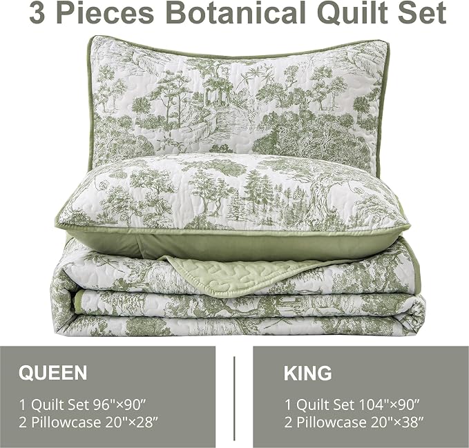WONGS BEDDING Botanical Quilt Set Queen Size, Sage Green 3 Pieces Toile Floral - Image 6