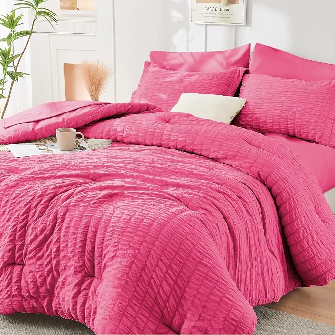 HYMOKEGE Hot Pink King Size Comforter Set Seersucker 7 Pieces, All Season by HYMOKEGE
