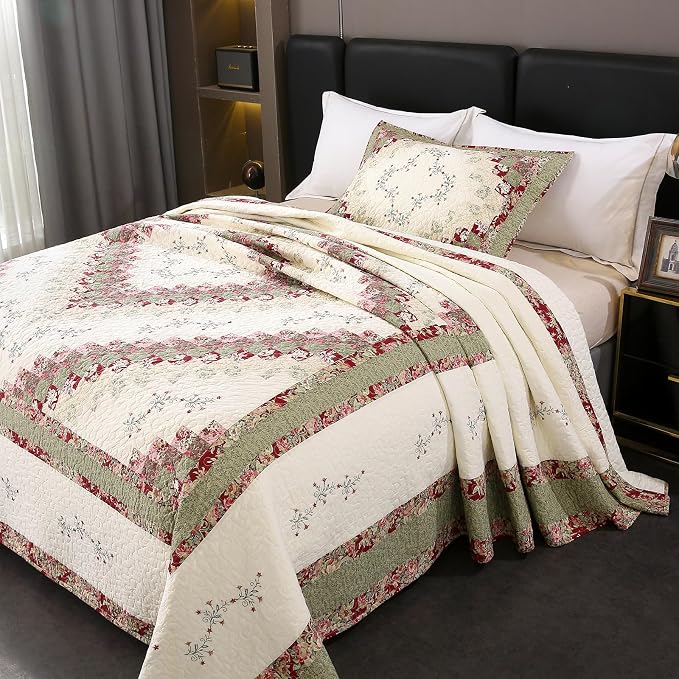 ROOMLIFE Quilt Set King Size 3D Floral Embroidery Pattern 3-Piece Cotton - Image 4