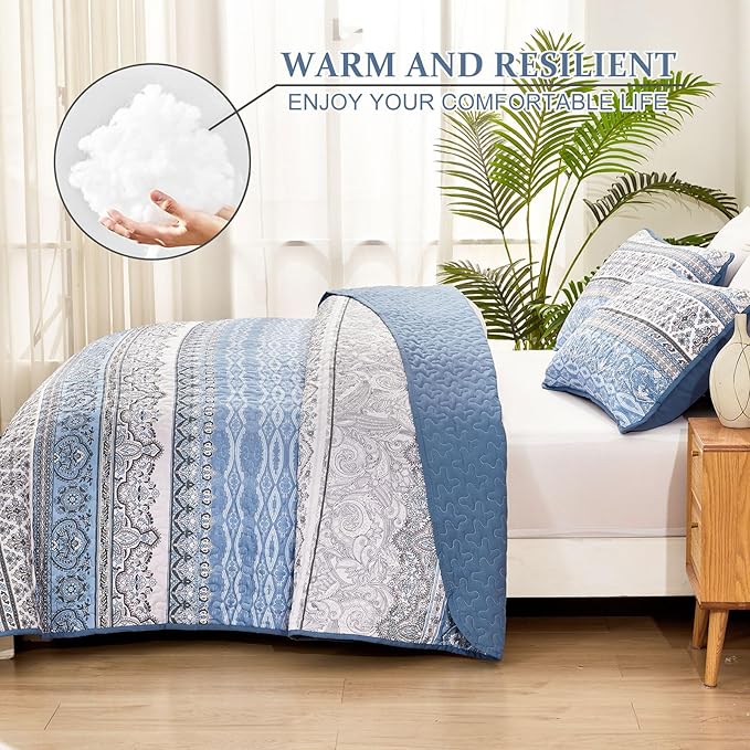WONGS BEDDING Boho Queen Quilt Set, Light Blue Bohemian Queen Quilt Bedding Set - Image 4