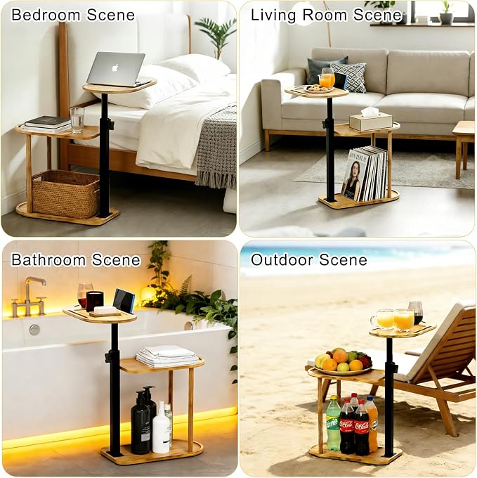 3-Tier Freestanding Bathtub Tray Table, Adjustable Bamboo Bath Caddy - Image 6