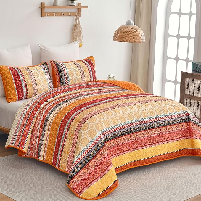 WONGS BEDDING Boho Stripe Quilt Set Queen Size, 3 Pieces Orange Bohemian Quilt - Image 2