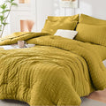 HYMOKEGE Mustard Yellow Full Size Comforter Sets Seersucker 7 Pieces, All by HYMOKEGE