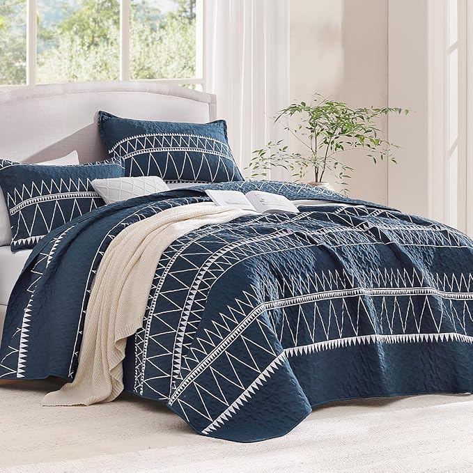 Andency Navy Twin Quilt Set, 2 Pieces Boho Lightweight Soft Striped Bedspread - Image 2