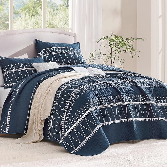 Andency Navy Oversized King Quilt Set, 3 Pieces Boho Lightweight Soft Striped - Image 2