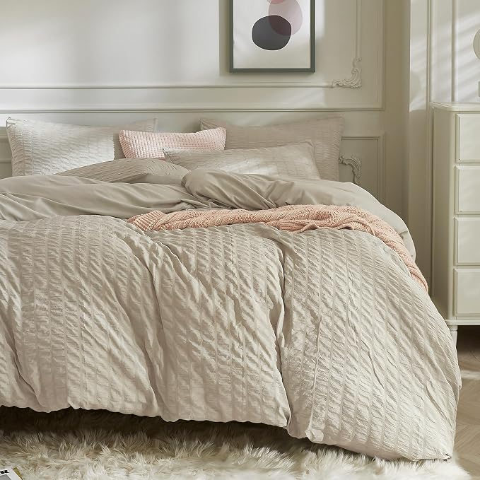 JELLYMONI Light Khaki Duvet Cover Queen Size, Soft Breathable Seersucker Duvet by JELLYMONI
