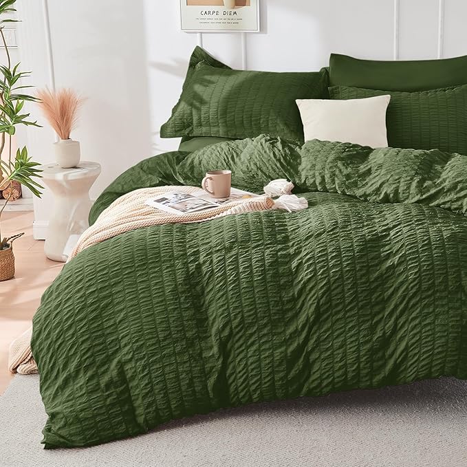 HYMOKEGE Olive Green Queen Comforter Set Seersucker 7 Pieces, All Season Luxury - Image 2