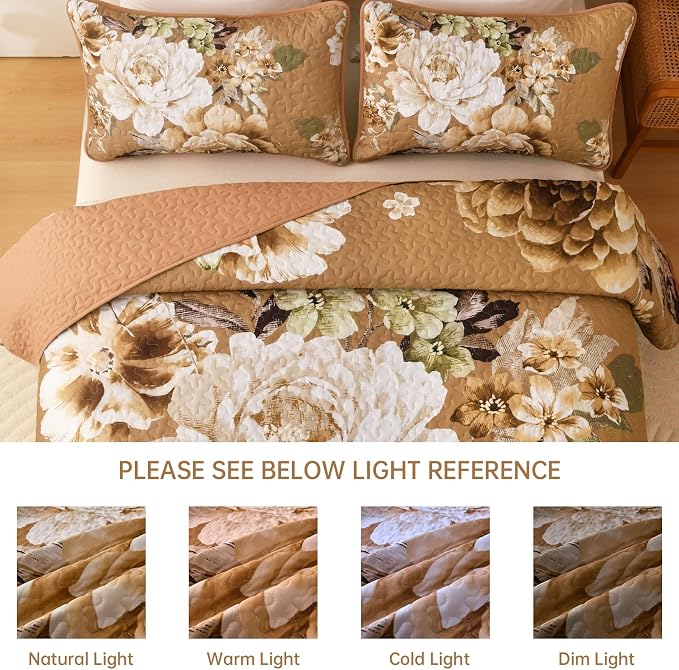 WONGS BEDDING Floral Quilt Set Brown Queen, Quilted Printed Lightweight - Image 8