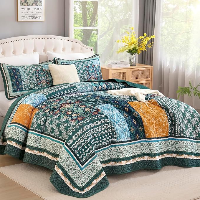 WONGS BEDDING Green Quilt Set Queen Size, 3 Pieces Boho Patchwork Quilt - Image 2