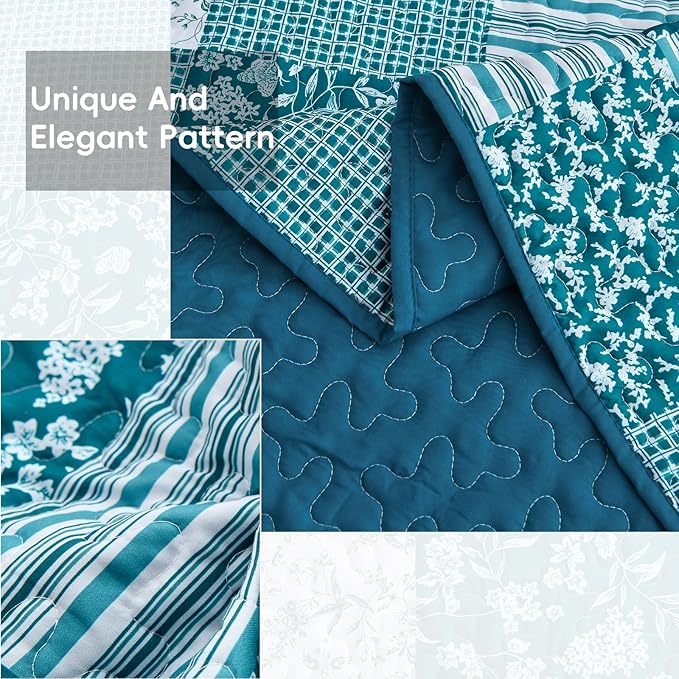 Mybedsoul Teal Blue Quilt Set Queen Size 3 Pieces Boho Plaid Turquoise Floral - Image 4
