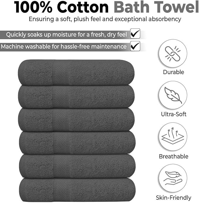 KAHAF COLLECTION 6 Pack Bath Towels Set 100% Ring Spun Cotton, Lightweight - Image 2