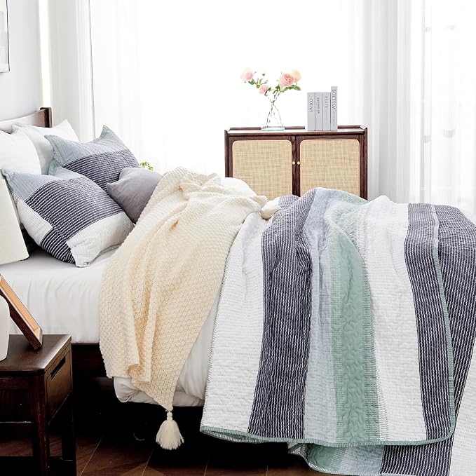 Andency Oversized King Quilt Bedding Set, 120x98Inch Sage Green Stripe - Image 2