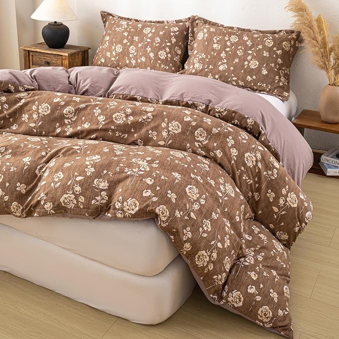 OAITE Brown Flower Twin Size Duvet Cover-3 Pieces Prewashed Cotton-Like - Image 5