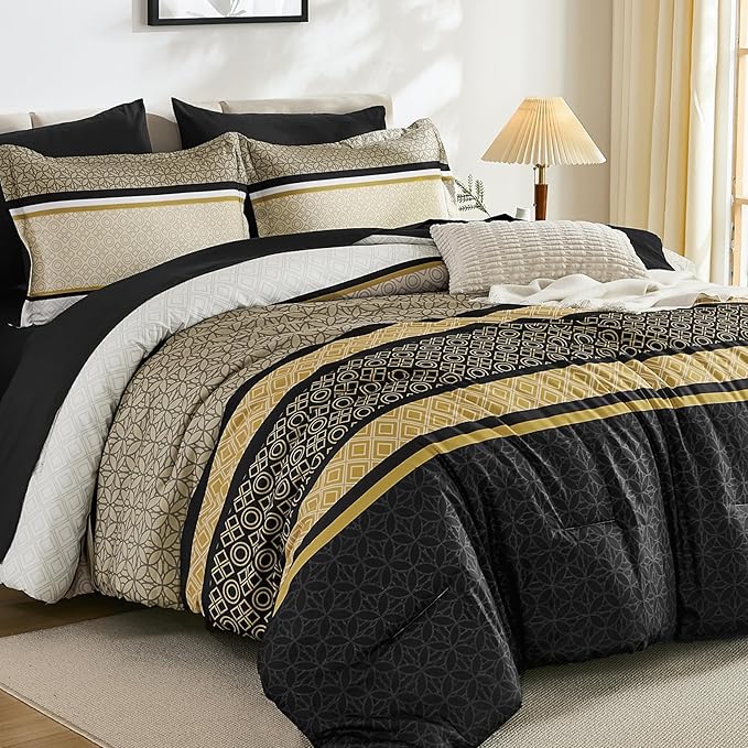 WONGS BEDDING Yellow Black King Comforter Set 7 Pieces, Boho Striped Bed in a by WONGSBEDDING