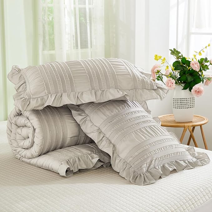 WONGS BEDDING Grey Textured Comforter Set King, 3 Pieces Ruffle Farmhouse - Image 8