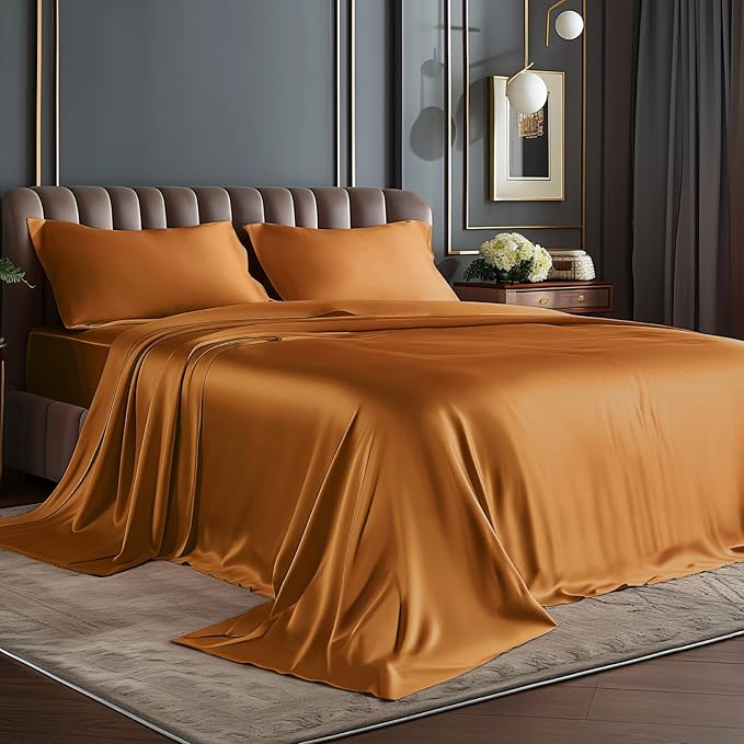 BEDELITE Satin Sheets Queen Size Bed Set, Luxury Soft Burnt Orange Silky Sheets by BEDELITE