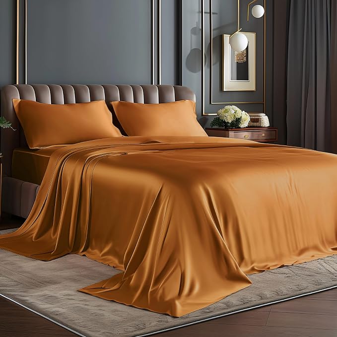 BEDELITE Satin Sheets Twin Size Bed Set, Luxury Soft Burnt Orange Silky Sheets by BEDELITE