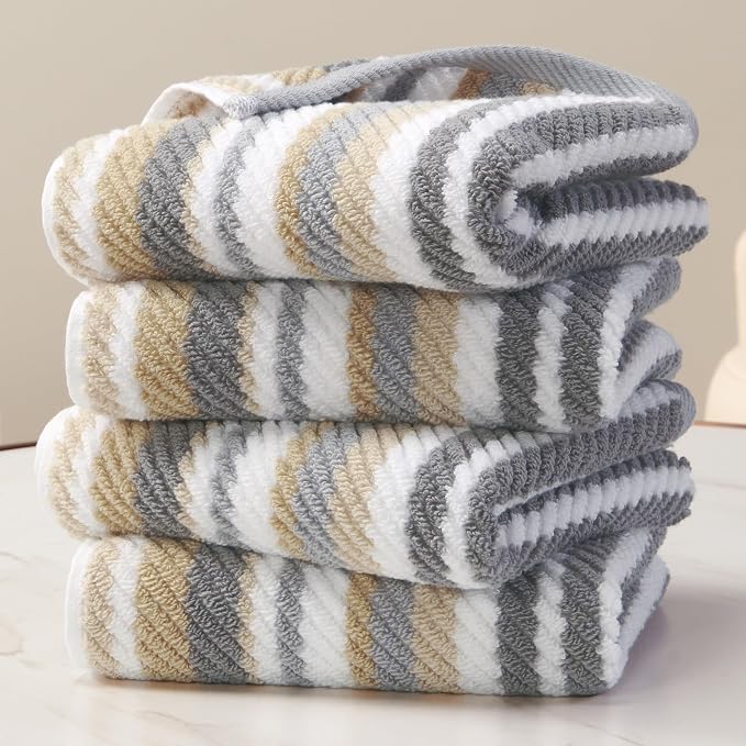 Beige Striped Hand Towels, Bathroom Hand Towels Set of 4, Soft Towel Set by VOOVAMOVAS