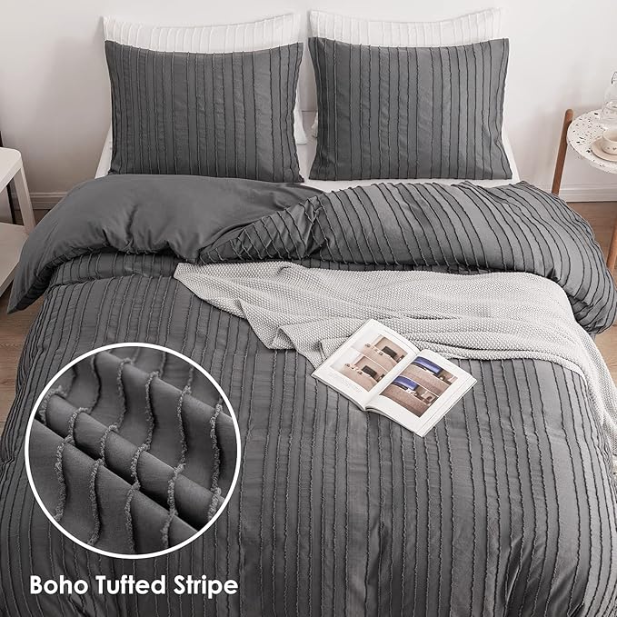 WARMDERN Gray Boho Duvet Cover Set, Striped Textured Tufted Bedding, Twin Size - Image 2