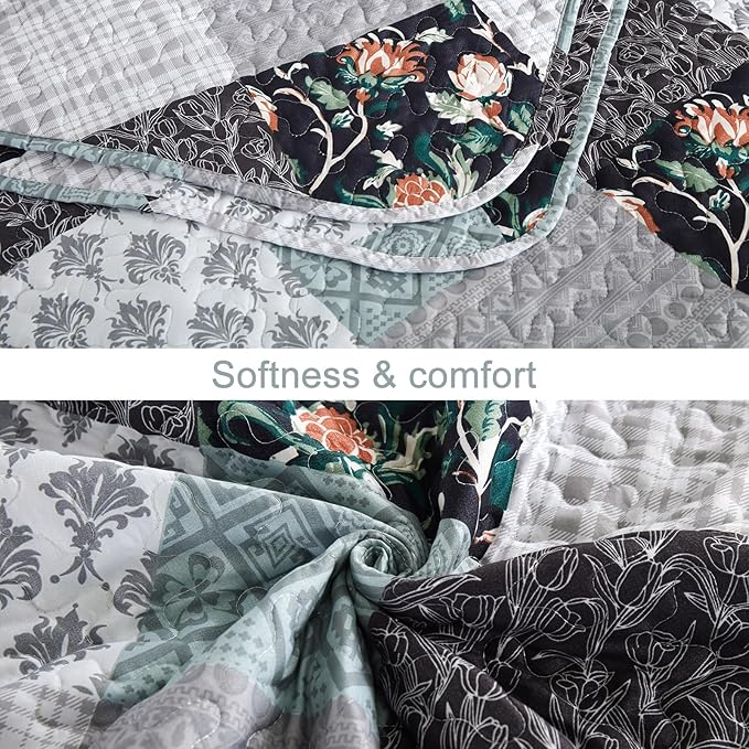 Xruibed Floral Plaid Patchwork Quilt Set King Size 3 Pieces Blue Gray Bedspread - Image 6