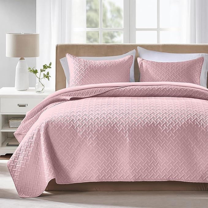 FLYMME Pink Twin Quilt Bedding Set Thin Lightweight Bedspreads, Modern Style by FLYMME