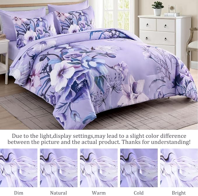 Luxudecor Lavender Purple Floral Comforter Set Queen Size 7 Piece, Flower Bed - Image 8