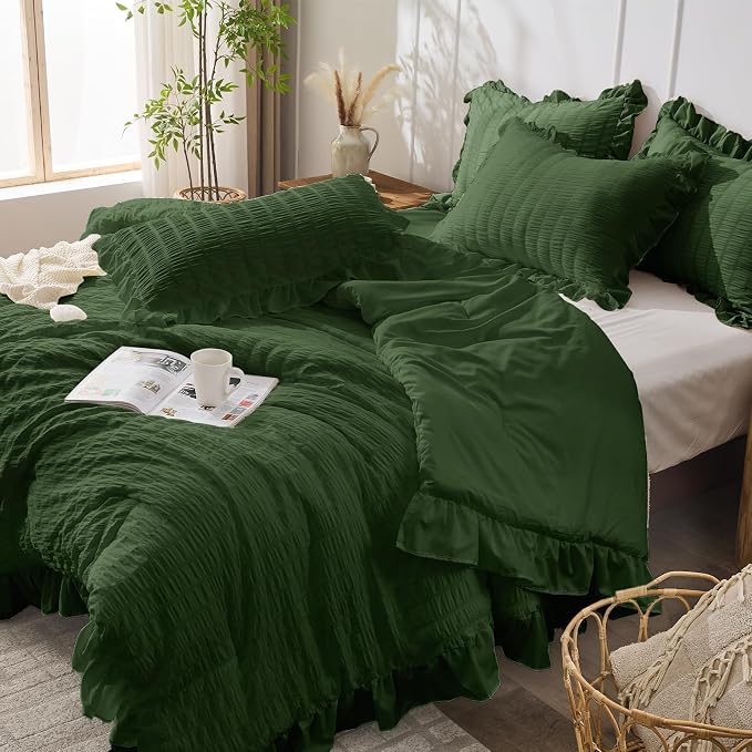 JOLLYVOGUE Dark Green Queen Comforter Set, 3 Pieces Seersucker Comforters Queen - Image 7