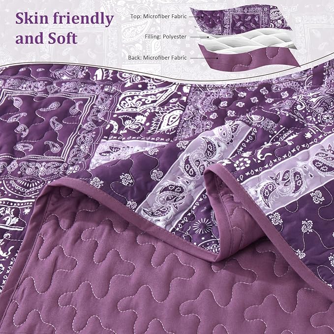 Cottolester Purple Quilt Set King Size, 3 Pieces Boho Patchwork Paisley Quilt - Image 4