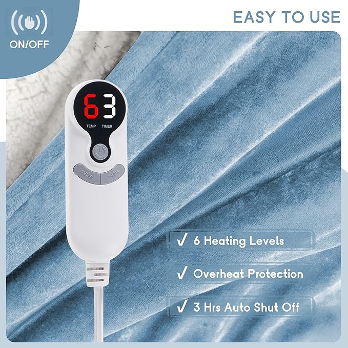 Heated Blanket Electric Blanket Throw Size 50''x60'', 6 Heating Levels 3 Hrs - Image 4