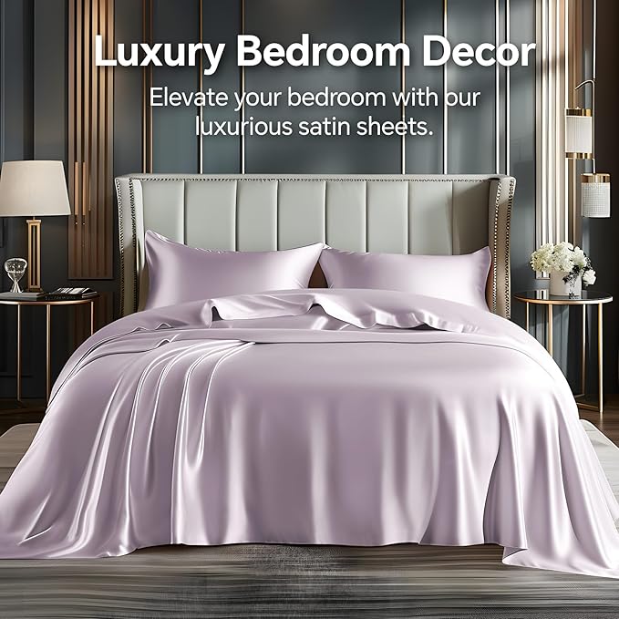 BEDELITE California King Sheets Set, Luxury Soft Lavender Satin Sheets - Image 2
