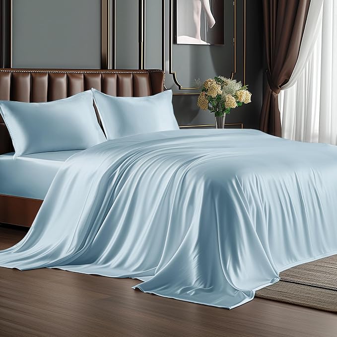 BEDELITE Satin Sheets Queen Size Bed Set, Luxury Soft Light Blue Silky Sheets by BEDELITE