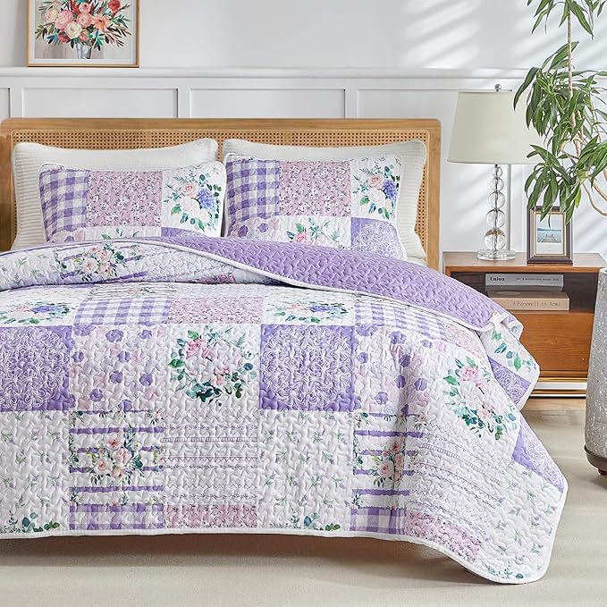 Joyreap 2 Pieces Floral Quilt Set Twin, Patchwork Purple n Pink Flowers Design - Image 3