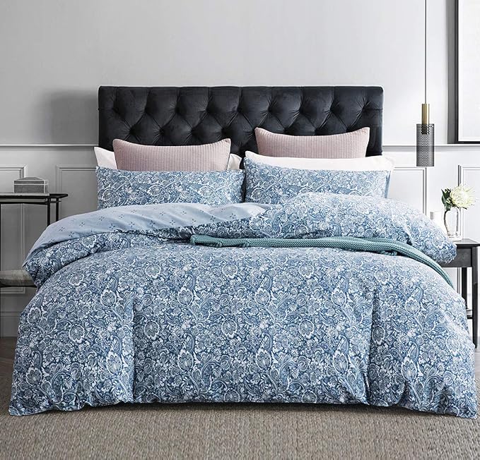 SLEEPBELLA Duvet Cover King, 600 Thread Count Cotton Blue & Green Paisley - Image 2