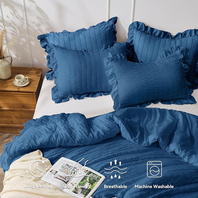JOLLYVOGUE Teal King Comforter Set, 3 Pieces Seersucker Comforters King Size - Image 2