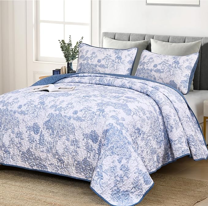 WONGS BEDDING Blue Quilt Set Queen Size, 3 Pieces Botanical Bedspreads Set by WONGSBEDDING