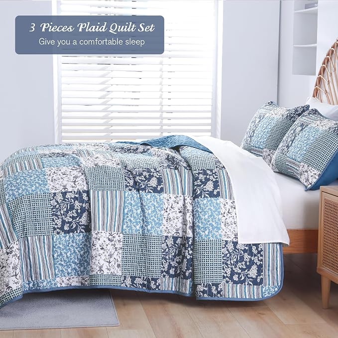 Mybedsoul Navy Blue Quilt Set Queen Size, 3 Pieces Plaid Floral Bedspread Set - Image 3