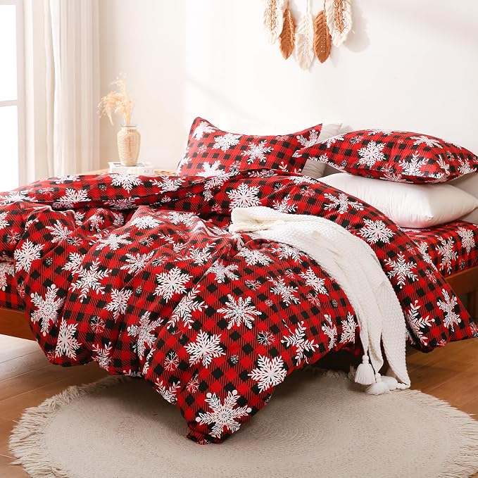 JSD Red Buffalo Plaid Snowflakes Duvet Cover Set Full Size, 3 Piece Christmas by JSD