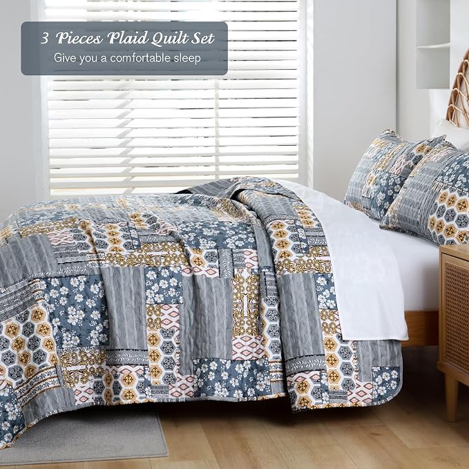 Mybedsoul Dark Grey Quilt Set Queen Size, 3 Pieces Plaid Floral Bedspread Set - Image 3