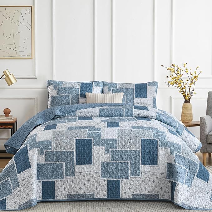 Xruibed Blue Boho Quilt Set King Size, 3 Pieces Plaid Floral Bedspread Coverlet by Xruibed