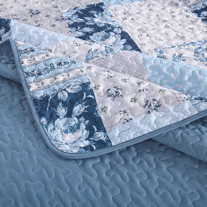 Anibedding Blue Patchwork Quilt Set King Size Boho Floral Plaid Bedspread - Image 5