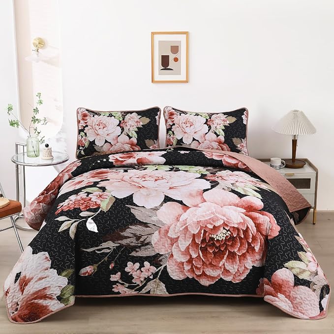 WONGS BEDDING Black Quilt Set King, Elegant Botanical Printed Bedspreads 3 by WONGSBEDDING