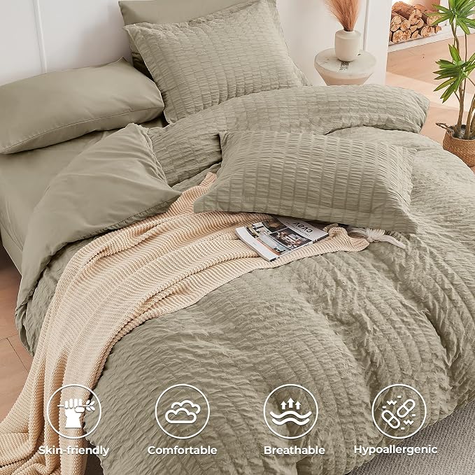 HYMOKEGE Linen Full Size Comforter Sets Seersucker 7 Pieces, All Season Luxury - Image 3