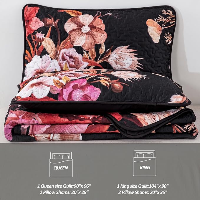 Floral Quilt Set Queen 3 Pieces Red Floral Quilt Coverlet Set Soft Microfiber - Image 7