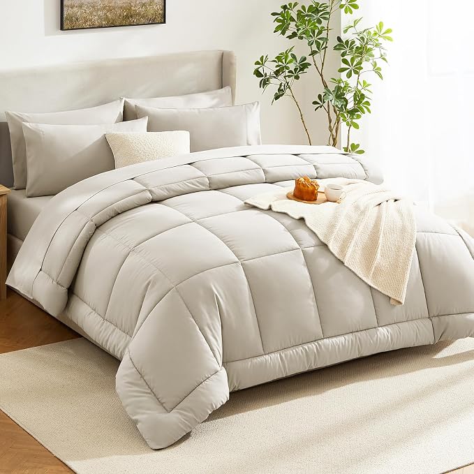 CozyLux Queen Comforter Set Oatmeal, 7 Pieces Bed in a Bag, Oatmeal Comforters - Image 8
